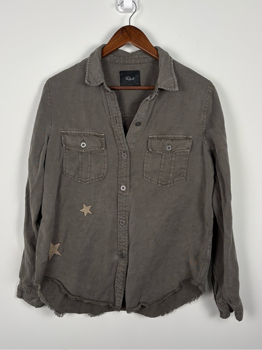 Rails Olive Gold Star Embroidered Button Shirt Linen Tencel Fray Hem Size Medium